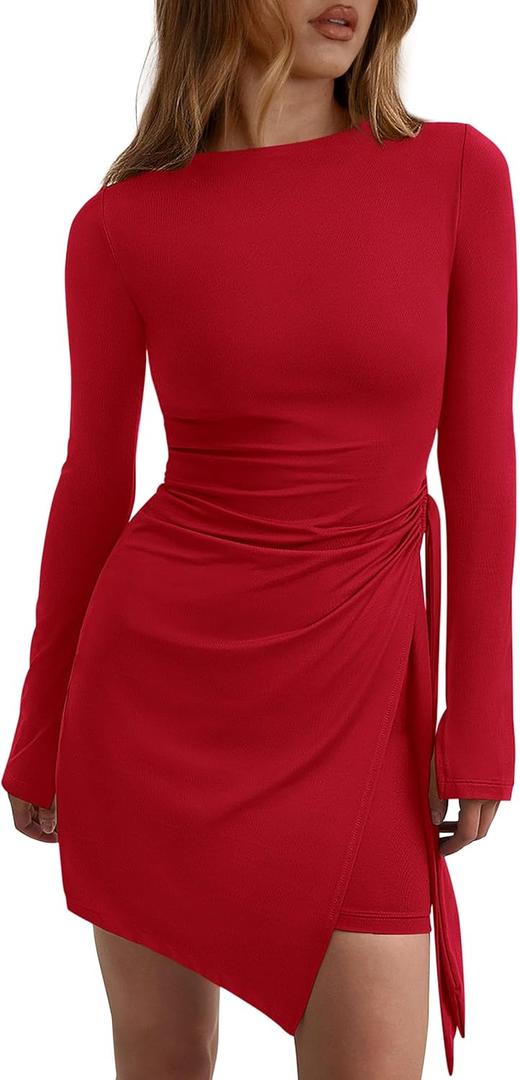 PRETTYGARDEN Women 2025 Mini Bodycon Dresses Long Sleeve Ruched Fitted Short Night Out Trendy Party Club Outfits Fall Clothes (Red)