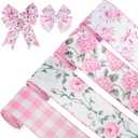 4 Rolls Pink Floral Wired Ribbon Set - 2.5 Inch Wide, 20 Yards Total – Rose Patterned Pink and White Vintage Satin Ribbon for Crafts, Spring, and Floral Decor