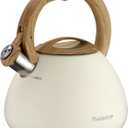 MARSKITOP Tea Kettle Teapot for Stovetop, 2.6 Quart Whistling Tea Kettle for Stove Top, Food Grade Stainless Steel Tea Pot with Wood Pattern Handle, Cream White