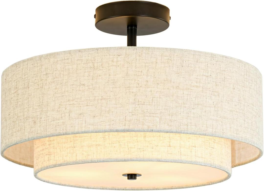 16" Semi Flush Mount Ceiling Light, 3-Light Drum Ceiling Light Fixture with 2-Tier Fabric Linen Shade, Farmhouse Chandelier for Dining Room, Living Room, Bedroom, Kitchen, Hallway, Entryway