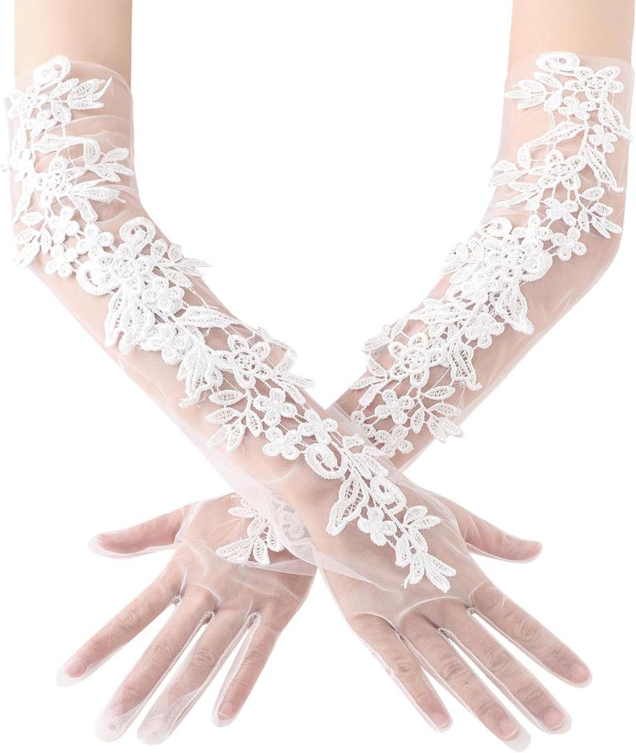 BABEYOND Lace Gloves for Women - Long Mesh Tulle Gloves Floral Wedding Opera Bridal Gloves Flapper Accessories for Brides (White)