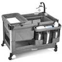 4-in-1 Baby Bassinet with Mattress - One-Push Setup Playard - Bedside Crib with Diaper Changer from Newborn to Toddler (Grey)