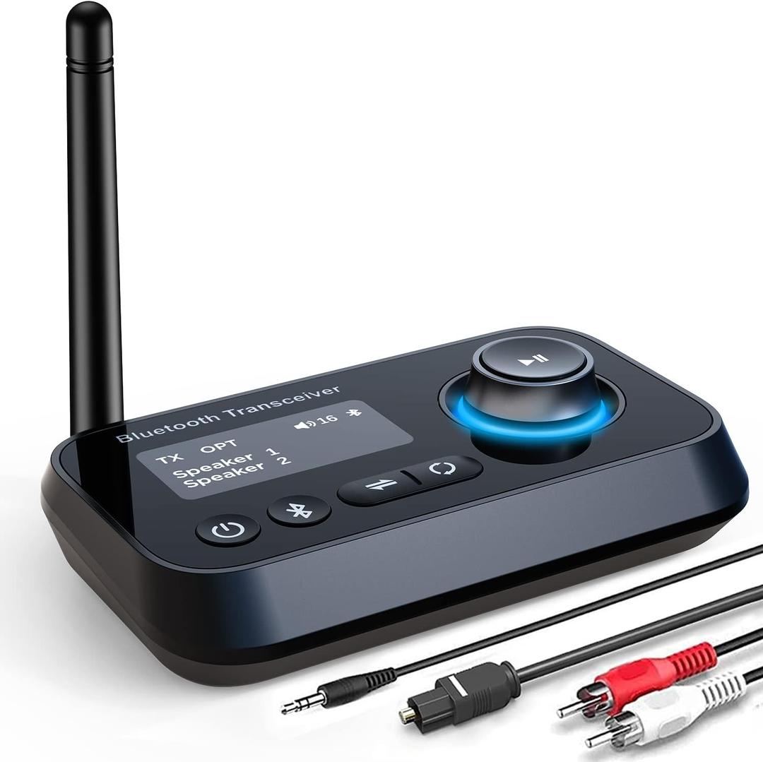 Bluetooth Transmitter Receiver, 3-in-1 Bluetooth 5.0 Audio Adapter for 2 Headphones with Low Latency Long Range LCD Display Adjustable Volume, Optical AUX RCA Bypass for TV Home Stereo Speake
