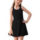 Haloumoning Girls Sleeveless Tennis Dress Kids Racerback Golf Dress School Sports Dresses Outfit with Shorts Pockets Black Size 150