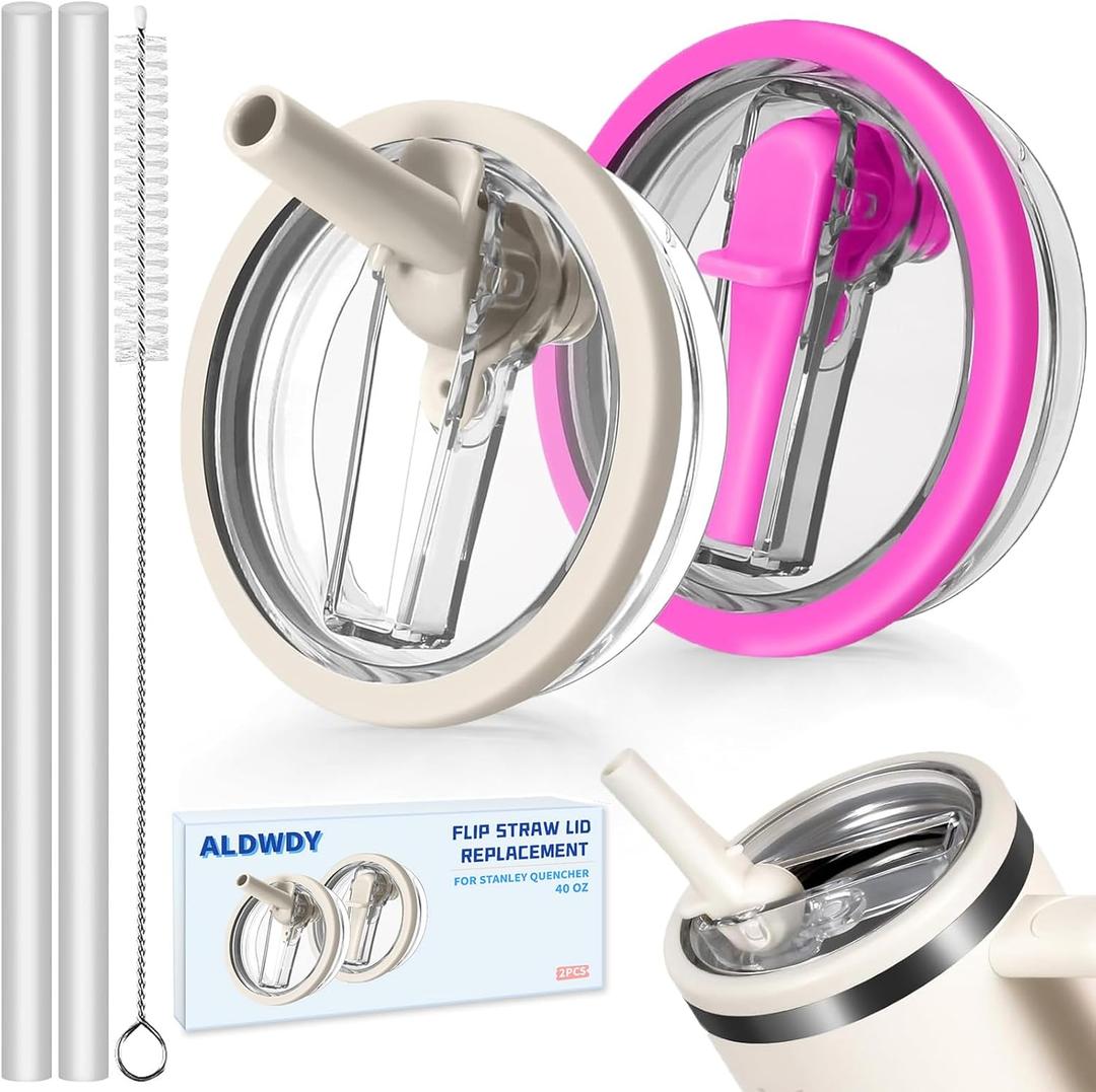 2 Pack 40 oz Flip Straw Leak Proof Lid for Stanley H2.0 Quencher, Stanley Lid Replacement 40 oz for Stanley Cup Accessories ProTour, No Spill Proof Straw Cover for Stanley (Cream & Rose Red)