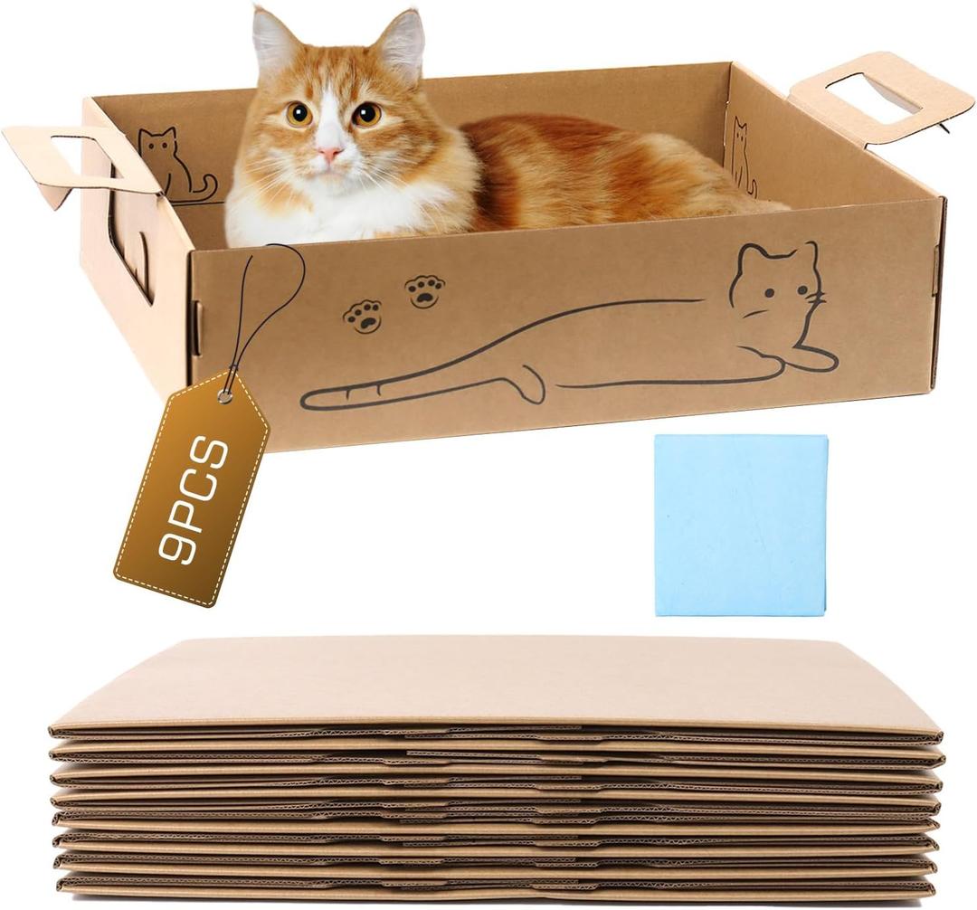 9 Pack Disposable Litter Boxes for Cats, Travel Litter Box with Pee Pads, Double Layer Waterproof Litter Tray for Cats Small Pets (16.9'' x 12.9'' x 5.1'')