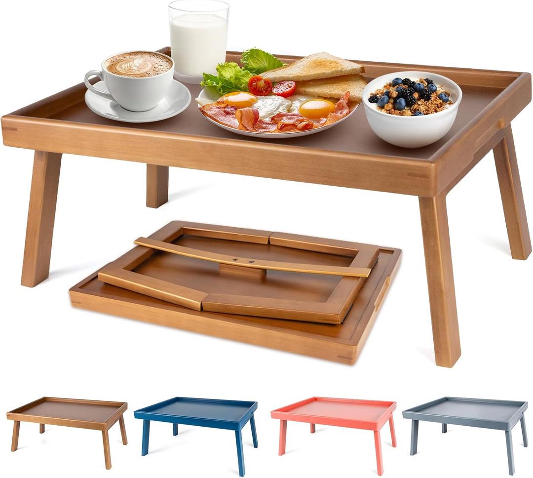 Large Bed Table Tray with Support Bar and Foldable Legs, Bamboo Breakfast Food Trays Table for Bed Sofa Eating and Laptops, TV Lap Tray Table on Couch (Applied for Invention Patent) (20x13x9.4 in, Vintage Brown)