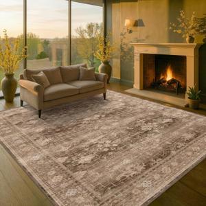 Hazo Haus Boho Brown Living Room Rug 7x9 - Vintage Traditional Eclectic Oriental Neutral Taupe, Washable Low Pile Non-Slip Extra Large Area Rugs for Dining Under Table Bedroom Lounge