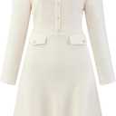 Women's A-Line Tweed Dress Long Sleeve Vintage Work Flare Dresses (Large, White)