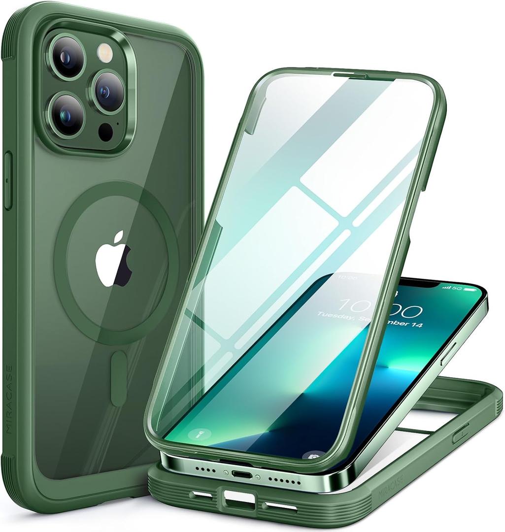 Miracase Magnetic for iPhone 13 Pro Max Case 6.7 inch, (Compatible with MagSafe) Upgrade Full-Body Clear Phone Bumper Case with Built-in 9H Tempered Glass Screen Protector, Magnetic Acacia Green