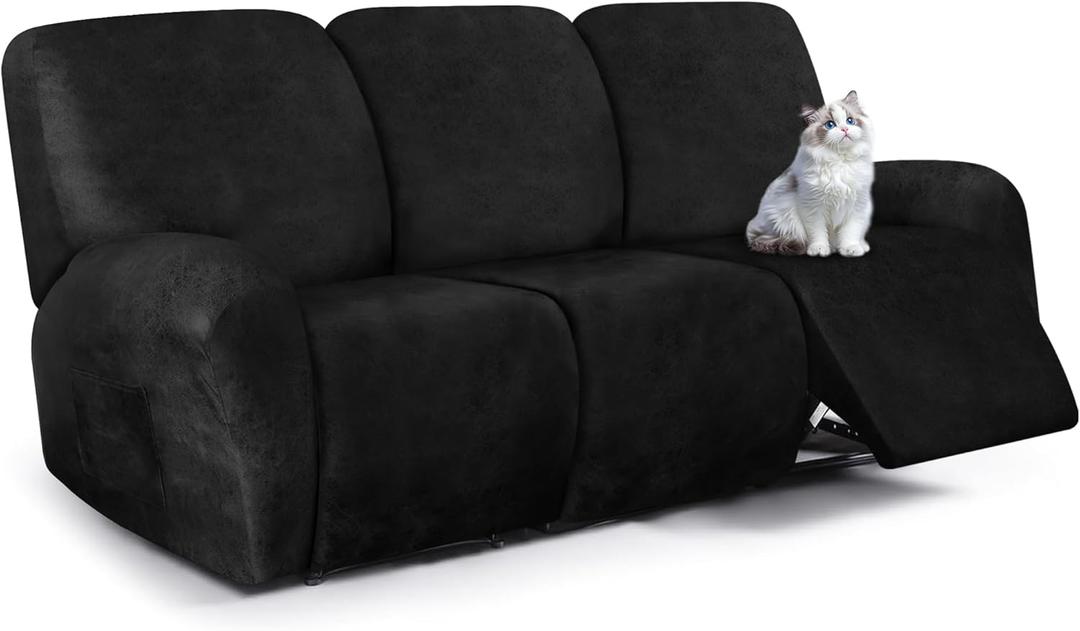 ANARACHON Leather Look Recliner Couch Cover, 8-Pieces Stretch Recliner Sofa Covers, Soft Reclining Slipcover, Washable Furniture Protector for Pets (3 Seater, Black)