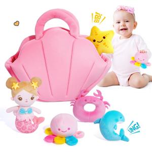 OUOZZZ Baby Toys 6-12 Months - Soft Baby Doll for Girls Mermaid Toys - 2 Years Old Sensory Toy - Birthday Gifts Toddler Plush Stuffed Animal with Squeaker, Crinkle and Bell Ringing Toy Set