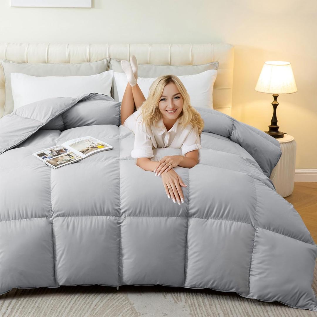Luxury King Size Feather Down Comforter, High Fill Power Fluffy Duvet Insert, 100% Cotton Cover Skin-Friendly, Medium Weight for All Season Bedding with Corner Tabs, (106 x 90 Grey) (King (U.S. Standard))