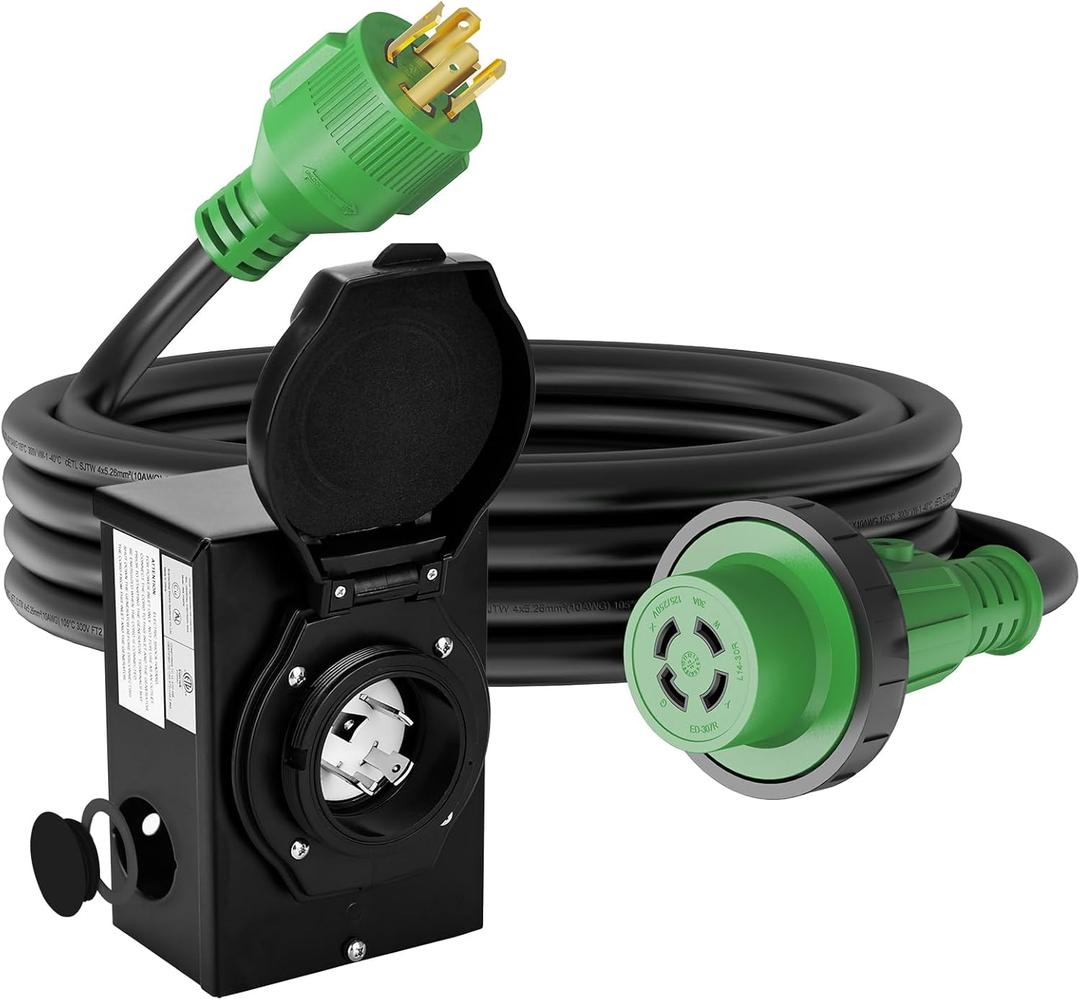 RVGUARD Emergency Power Combo Kit, 25 Foot 30 Amp Generator Cord and Power Inlet Box, NEMA L14-30P to L14-30R Generator Cord with NEMA L14-30P Pre-Drilled Generator Inlet Box, ETL Listed