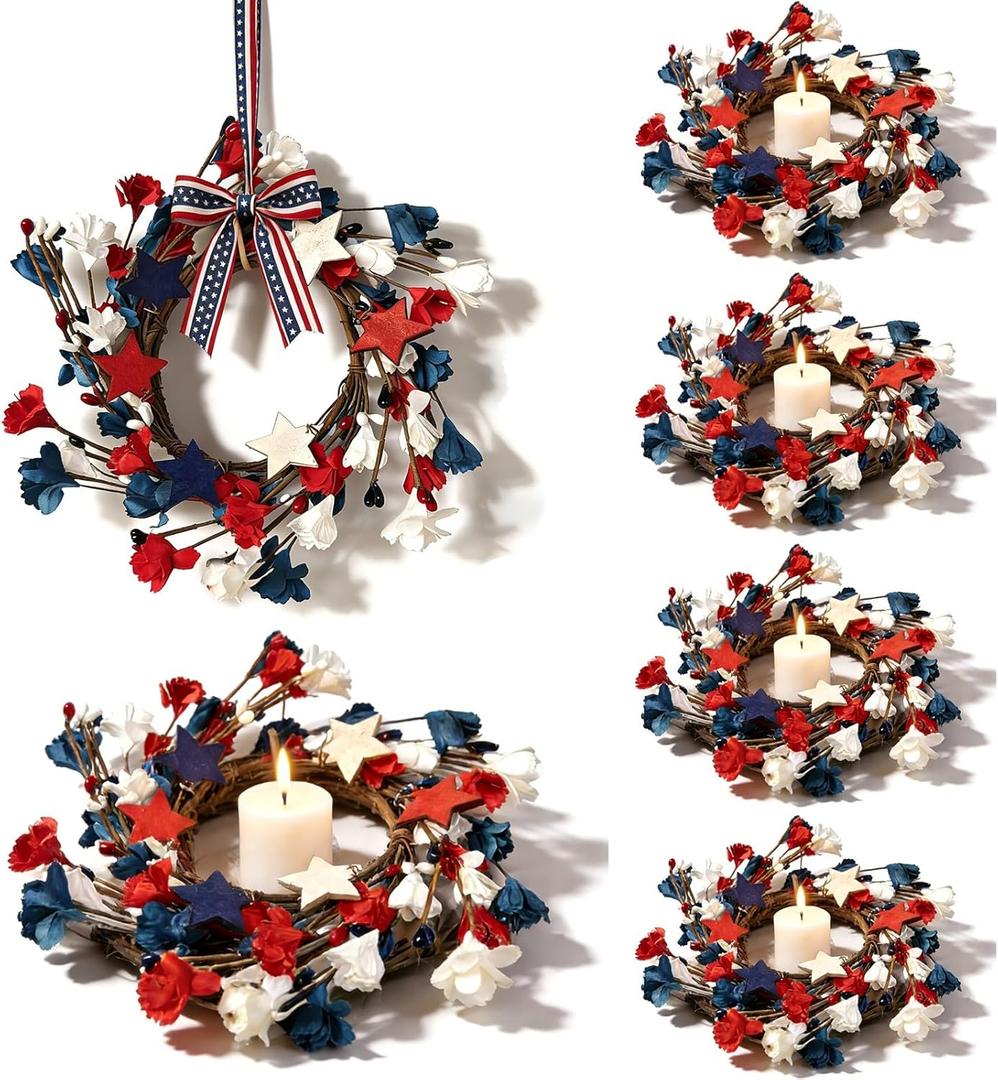 6 Pcs Mini 4th of July Candle Ring Wreaths Patriotic Red White and Blue Artificial Pillar Candle Holder Wreath for Farmhouse Independence Day Memorial Day Porch Front Door Cabinets Table Decoration