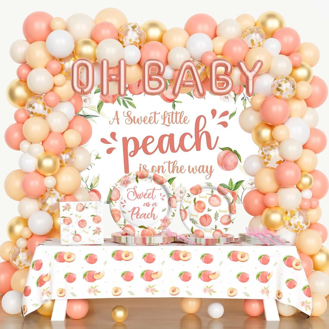 Costova Peach Baby Shower Decorations, A Sweet Little Peach Is on The Way Party Supplies, Peach Themed Backdrop Balloon Tablecloth Tableware with Plates Napkins Forks for Sweet as a Peach Girls