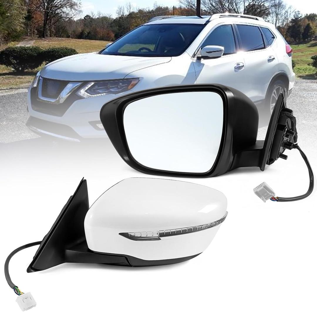 Left Driver Side Mirror Assembly Fits 2014 2015 2016 2017 2018 2019 2020 Nissan Rogue with Power Glass Heated and Turn Signal Match White Replace NI1320287(7Pins) (L-7Pins)