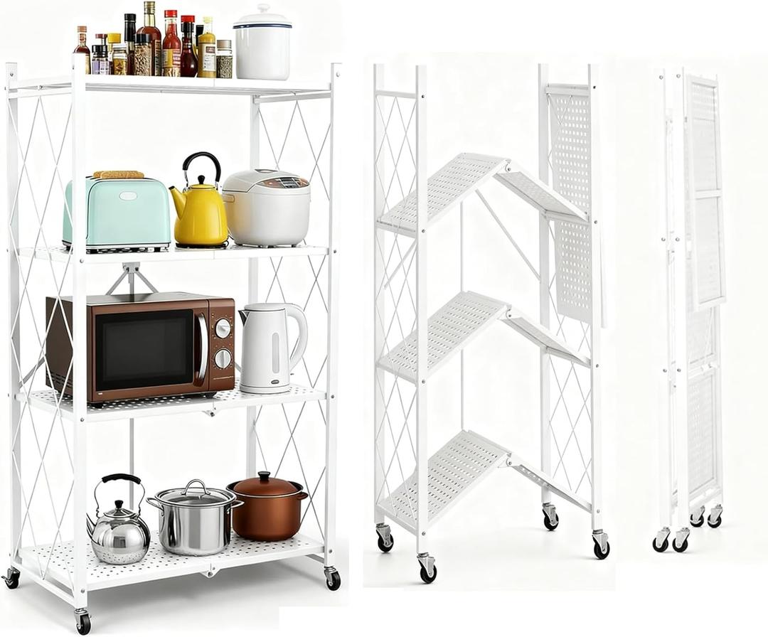 Foldable Storage Shelves with Wheels, 4-Tier Folding Metal Rack Shelving Unit, Rolling Collapsible Organizer Frame No Assembly Pop Up Shelf for Kitchenware, Tools, Books, Plants Storage White
