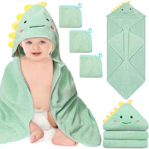 4 PCS Hooded Baby Towels, Soft Baby Towel, Absorbent Baby Bath Towel, Baby Towels and 3 PCS Baby Washcloths for Newborns, Toddlers, and Kids, 32x32 in Baby Towel with Hood for Boy and Girl (Dinosaur)