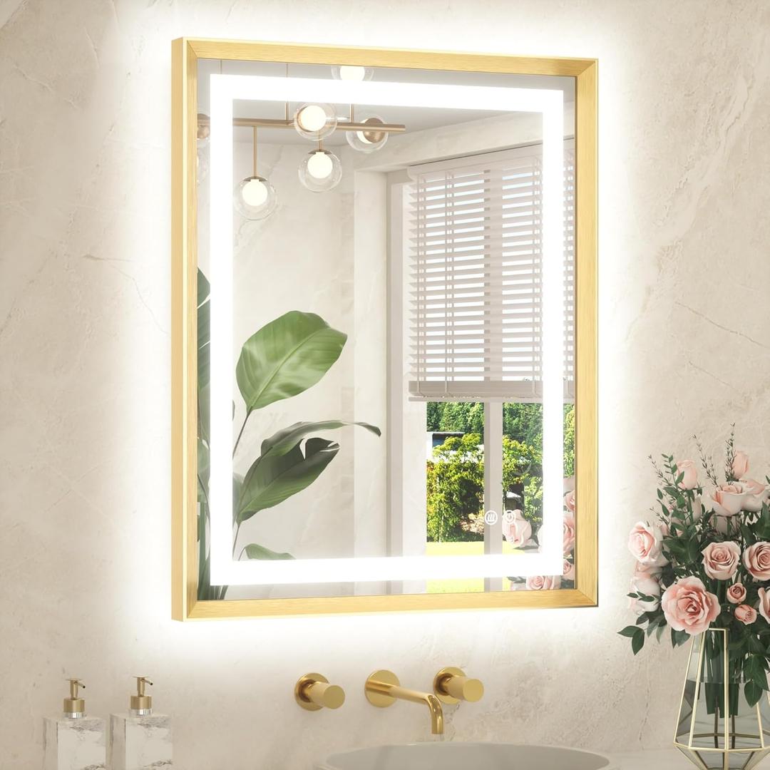 TETOTE 24"W x 30"L Bathroom Mirror Brushed Gold Metal Frame Frontlit & Backlit Vanity Mirror 3 Colors White/Warm/Natural Stepless Dimmable Anti-Fog Bathroom Mirrors for Vanity Wall-Mounted,