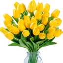 Sggvecsy 30 Pcs Fake Tulips Artificial Flowers Real Touch PU Faux Flowers Tulip Stems for Wedding Spring Bouquet Floral Arrangement Home Party Office Decorations for Mother's Day (Dark Yellow)