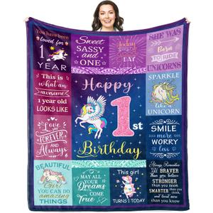 Solzien 1 Year Old Girl Birthday Gift Blanket 50"x40", Gifts for One Year Old Girl, First/1st Birthday Gift Ideas