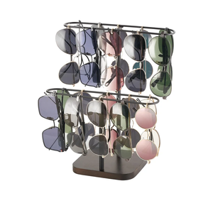 Mkono Sunglasses Organizer Glasses Holder Stand for 24 Pairs of Eyewear, 2 Tier Sunglass Storage Eyeglasses Display Rack Metal Frame with Wood Base for Table Desk Countertop Dresser Bedroom, Black
