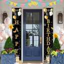 Birthday Door Banner 12x71 Inch Vertical Hanging Decoration Gold Black Happy Birthday Letter Sign Polyester Entryway Welcome Party Backdrop Indoor Outdoor Door Panel Wall Display