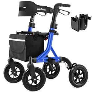 Rollator Walker for Seniors, Foldable All Terrain Rolling Walker with seat, Aluminum Walkers with 10 inch Rubber Wheels, Adjustable Handles and Backrest for Seniors (Blue)