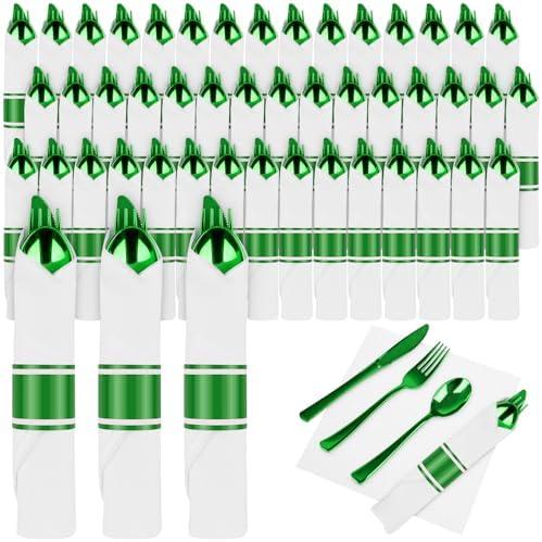 55 Pcs Pre Rolled Green Plastic Silverware Wrapped Green Cutlery | Pre Rolled Plastic Cutlery Set, Disposable Silverware with Dinner Napkins for St Patrick's Day