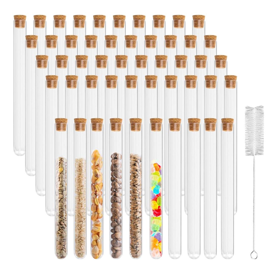 50 pcs 20ml Test Tubes with Cork Stoppers, 150MM x 15MM Clear Plastic Test Tubes Container Plastics Bottom Storage Tubes for Candy Storage Plant, Party