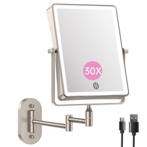 FASCINATE 5000mAh Rechargeable Wall Mounted Makeup Mirror, Bathroom Mirror Rectangle 8.7" Double Sided Touch Switch 1X 30X Magnifying, 3 Color Setting, Extended Arm 360 Swivel Foldable Nickel