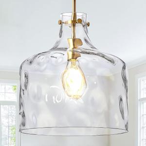 CATINER 16" Extra Large Farmhouse Pendant Light Hand-Blown Hammered Glass Shade, Gold Finish, Adjustable Chain Ceiling Light for Kitchen Island, Dining Room, Hallway, 12" W x 16" H x 5" Canopy x 4.2' Chain