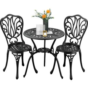 3-Piece Outdoor Bistro Set Cast Aluminum Patio bar Set with Umbrella Hole, Balcony, Backyard(Black, Butterfly)