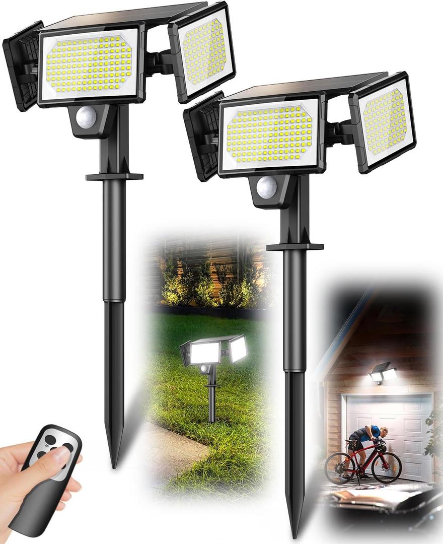 2-in-1 Solar Spotlights Outdoor with Ground Stakes, 304 LED 3000LM Security Flood Lights with Remote, 3 Modes Solar Motion Sensor Lights Waterproof, Wall Lights for Driveway (2Pack-Daylight)