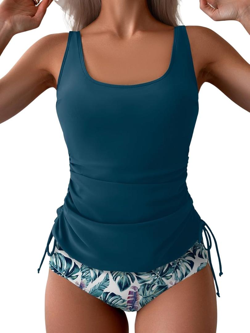 B2prity Women's Tankini Swimsuit Tummy Control Wide Strap Side Cinch Drawstring Two Piece Bathing Suit (Blue, S)