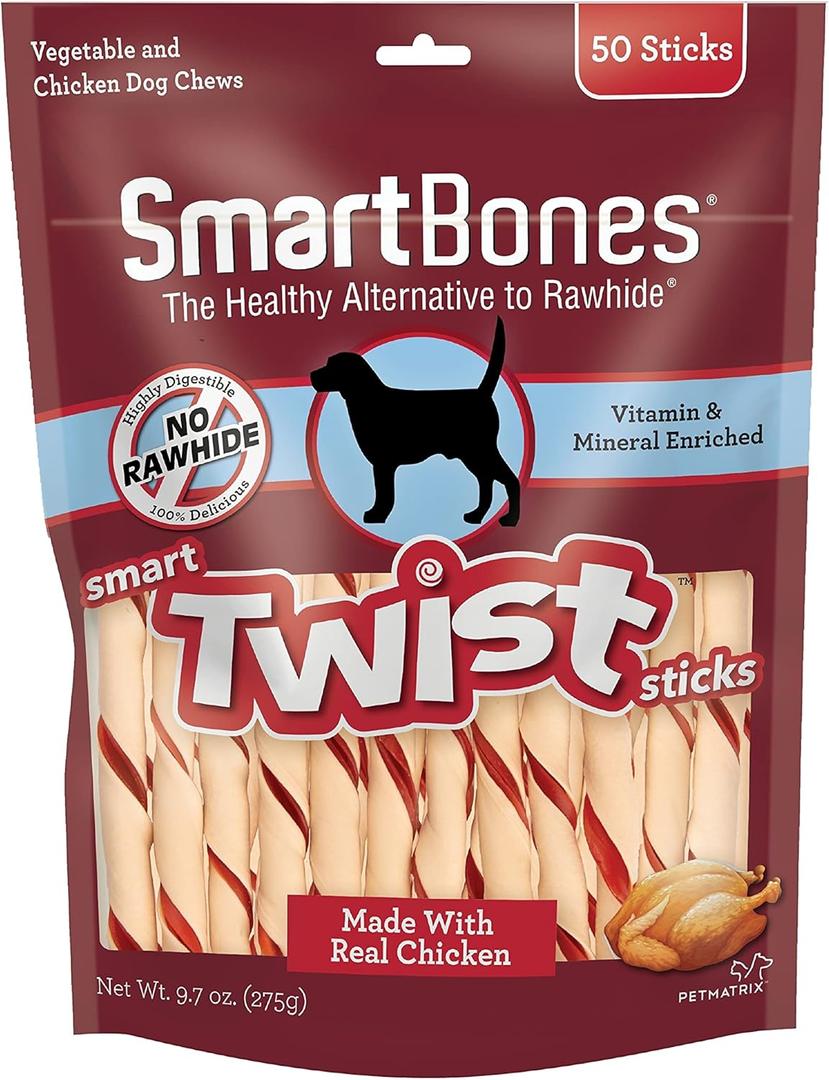SmartBones Smart Twist Sticks, Rawhide Free Dog Chew Sticks, Made With Real Chicken, 50 Sticks , 9.7 Ounce (Pack of 1) (BB: 07/04/2027)
