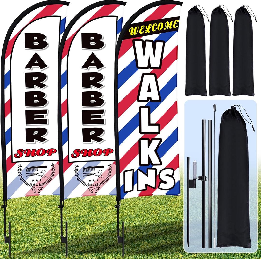Buryeah 3 Sets 12ft Barber Shop Welcome Walk Ins Feather Flag Signs Barbershop Banner Swooper Flag with Flagpole Ground Stake Portable Bag for Salon Business Outdoor Advertising