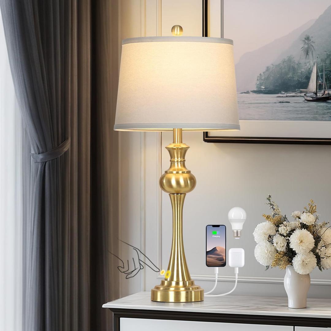 Cinyirong 28.75" Gold Table Lamps Modern 3-Way Touch Control Dimmable Bedside Lamp with USB A+C Ports & AC Outlets for Living Room Bedroom Nightstand Lamp (Bulb Included)