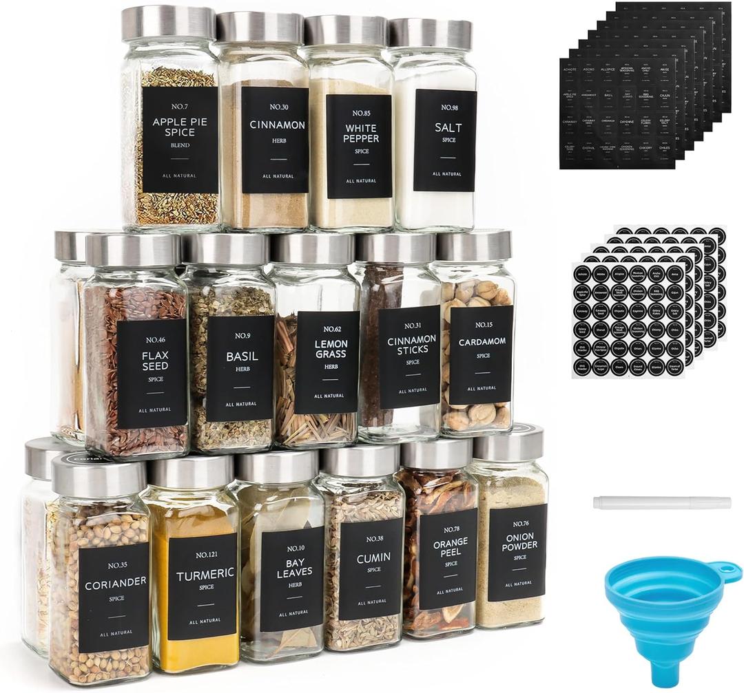 OHHLIHOME 24 Pcs Glass Spice Jars with Label, 4oz Spice Jars with Lids, Seasoning containers Set, Comes with spice bottle caps, Silicone Collapsible Funnel,chalk, for Spice Rack, Cabinet, Drawer