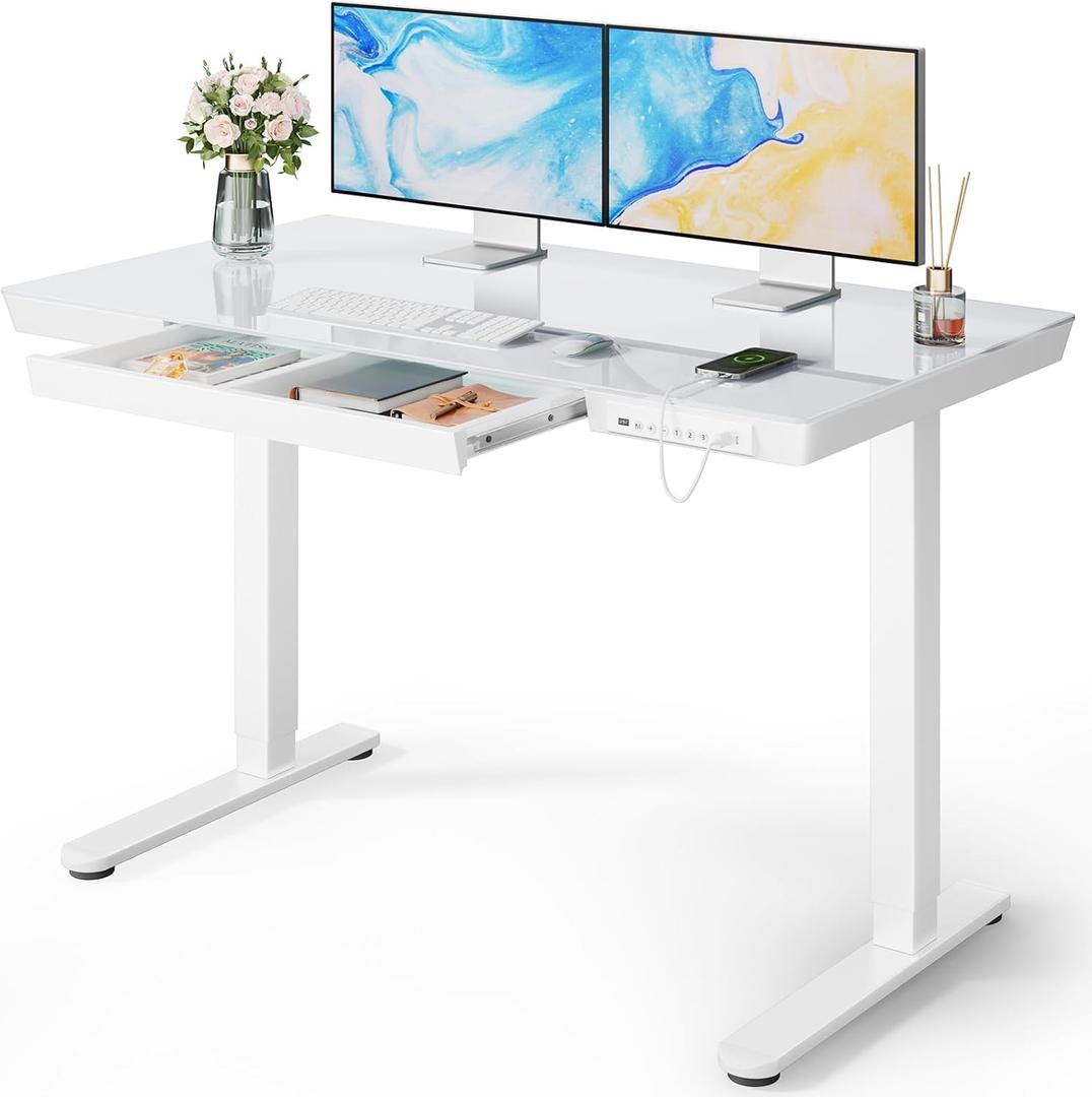 Marsail Glass Standing Desk with Drawer, 48 x 24 inch Electric Standing Desk, Height Adjustable Desk with One-Piece Tabletop & USB Charging Ports, Sit Stand Desk with Storage for Home & Office White
