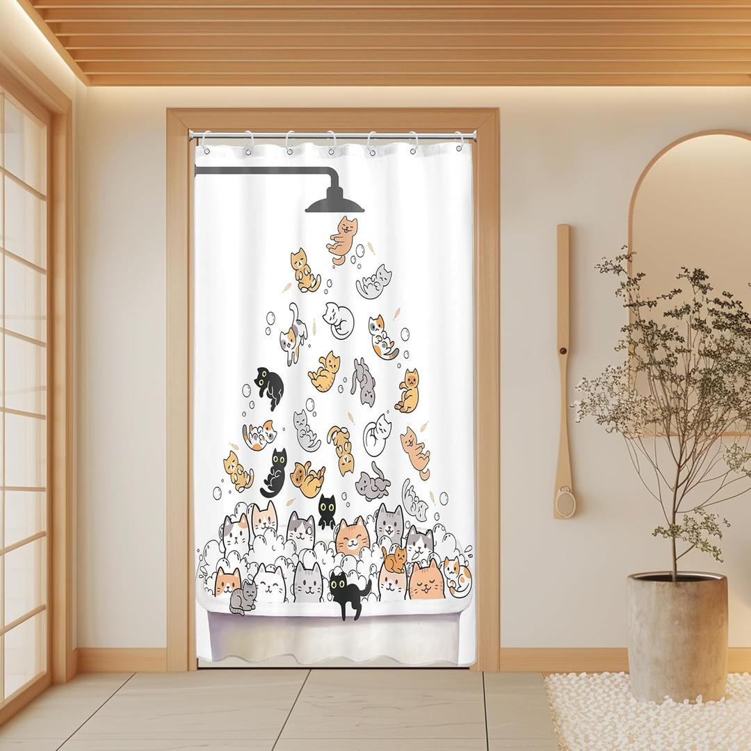 SVBright Small Stall Cute Cat Shower Curtain 36Wx72L Inch for Kids Rv Half Single Narrow Cute Cartoon Animal Funny Raining Animal 7 Pack Hooks Polyester Waterproof Fabric Bathroom Bathtub Panels
