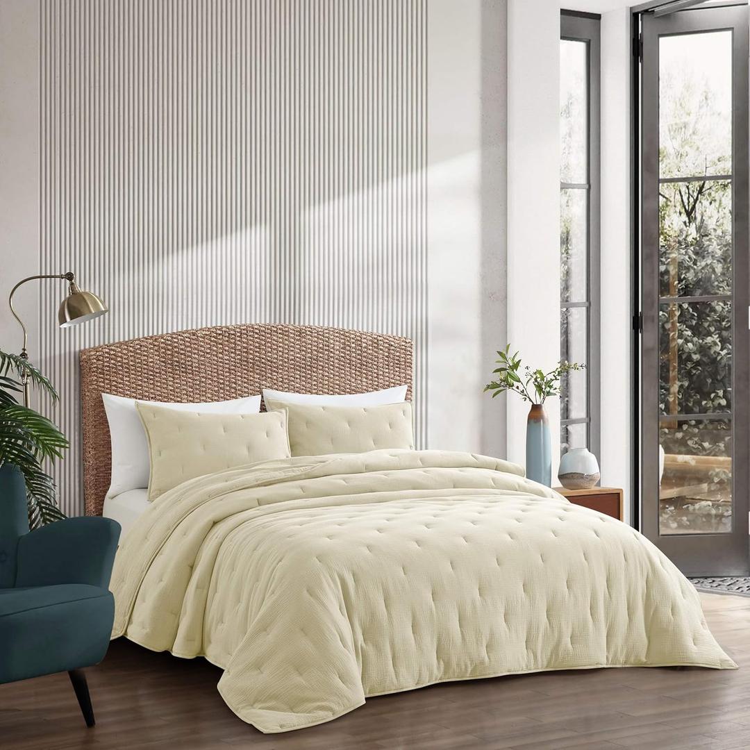 Pre-Washed 100% Cotton Muslin Gauze Comforter Set, 3 Piece King/Cal King Quilt Set, Duvet Insert with Corner Loops, 1" Line Quilted, Ivory