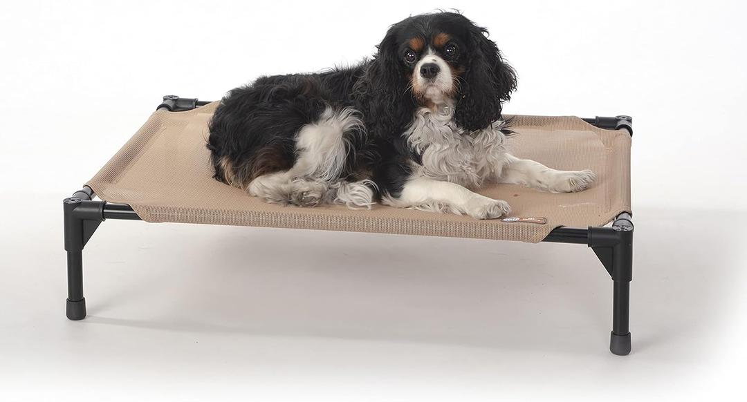 K&H Pet Products Cooling Elevated Dog Bed, Outdoor Raised Cot with Waterproof Breathable Mesh for Medium Dogs, Portable Place Bed with Heavy-Duty Metal Frame & Hammock Style Cover - Medium Tan (Medium 32"L x 25"W, Tan All Season Mesh)
