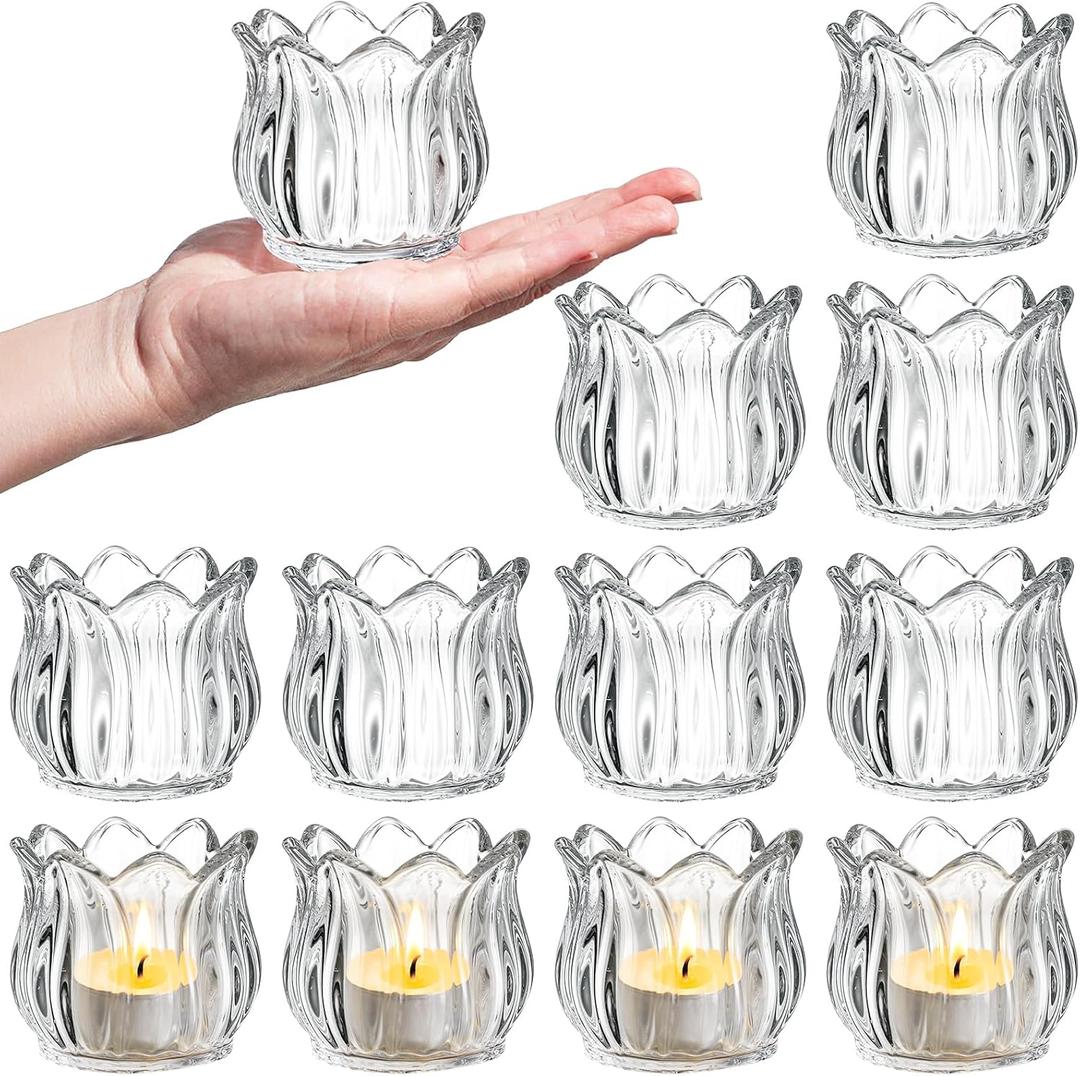 Elsjoy Set of 12 Tulip Glass Votive Candle Holders, Decorative Tea Light Candle Holders, Clear Glass Flower Tealight Candle Holder for Table Centerpieces, Wedding Decor