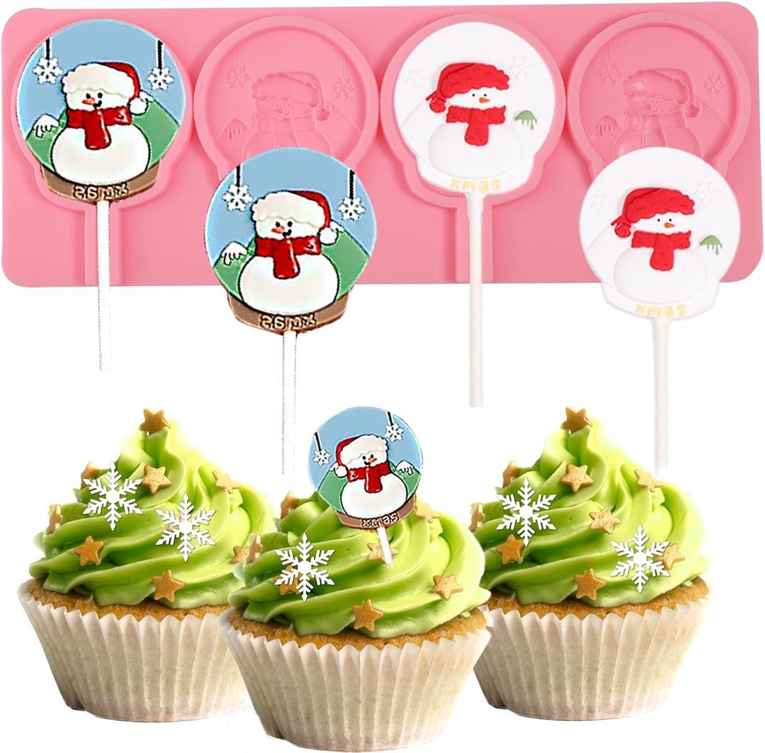 3 x 4-Cavity Christmas Chocolate Lollipop Fondant Mold, Christmas Snowman Silicone Mold, Practical Baking Supplies, for DIY Candy Biscuits Cupcake Toppings Flower Paste Dough Clay Resin Pendants