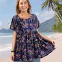 YESNO Women's Casual Short Sleeve Shirts Summer Floral Loose Tiered Swing Tunics Tops Blouses BEL (L)