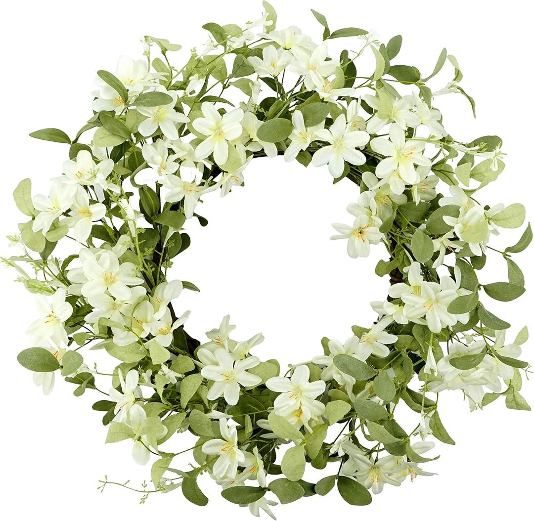 WreathDream 18'' Spring Wreath Summer Wreath for Front Door with Green Eucalyptus Leaves and White Cherry Blossoms for Home Outdoor Farmhouse Porch Wall Decoration, White Gift Box Included