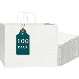 Bakepacker 100-Pack Wide Large Size Paper Bags With Handles Bulk 12.6"x4.3"x10" White Party Shopping Bags