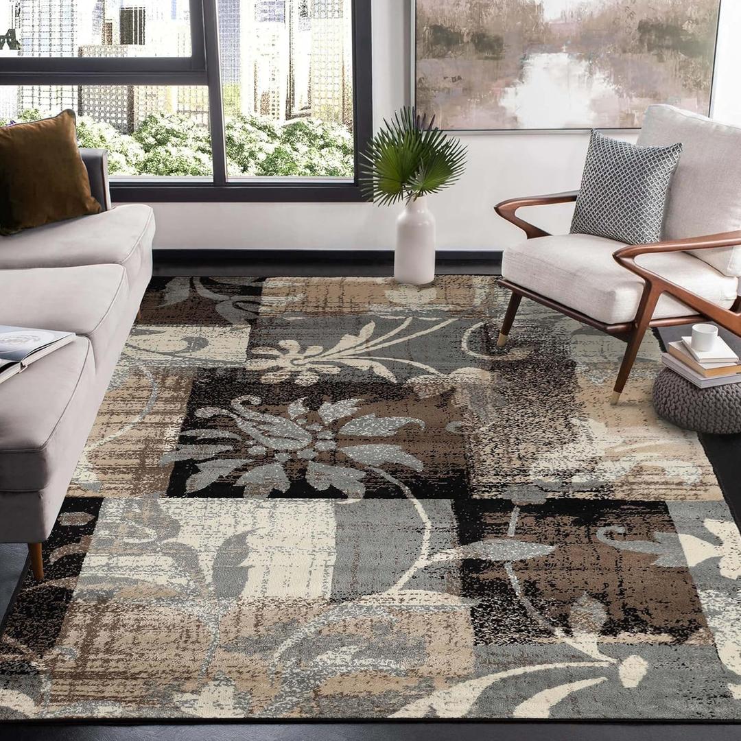Superior Indoor Area Rug, Jute Backed, Perfect for Office, Living/Dining Room, Bedroom, Kitchen, Hallway, Entryway, Floor, Modern Floral Patchwork Decor, Pastiche Collection, 8' x 8' Square, Beige